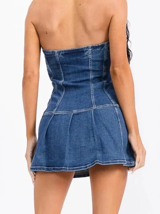 Strapless Blue Denim Mini Dress with Belt Details - Picture 4 of 13